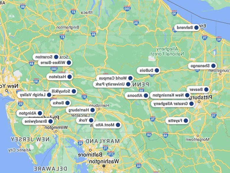 宾夕法尼亚州的地图，显示了所有十大网投平台信誉排行榜的校园